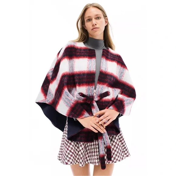 ANTHROPOLOGIE NWT Blue Plaid Brushed Wool Johanna Capelet Poncho Belted Cape OS